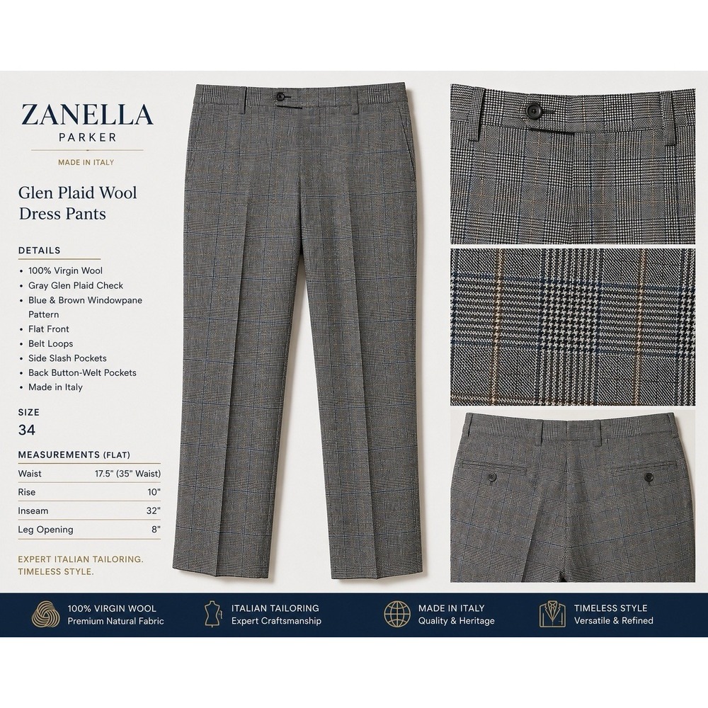 Zanella Parker Flat Front Gray Glen Plaid Wool Dress Pants Italy Size 34 Luxury